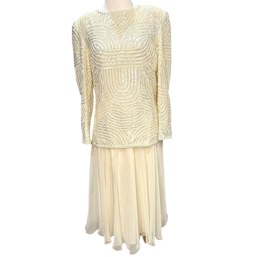 Vintage 80s Joan‎ Leslie 2 Pc Evening Dress Womens S Ivory Beaded Sequined Retro